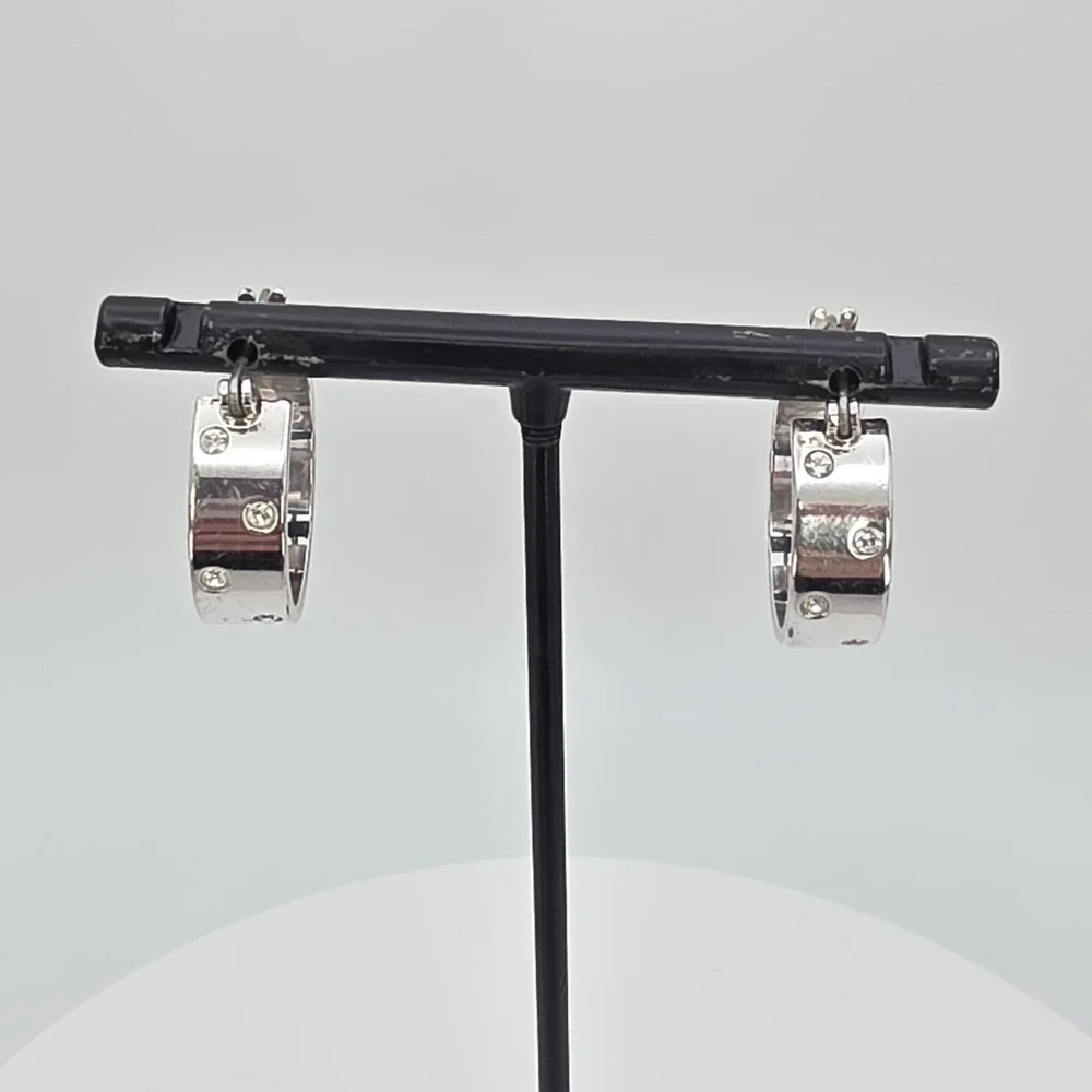 Vintage SWAROVSKI Signed Hoop Earrings Wide Crystal Studded Rhodium Plate Hinged